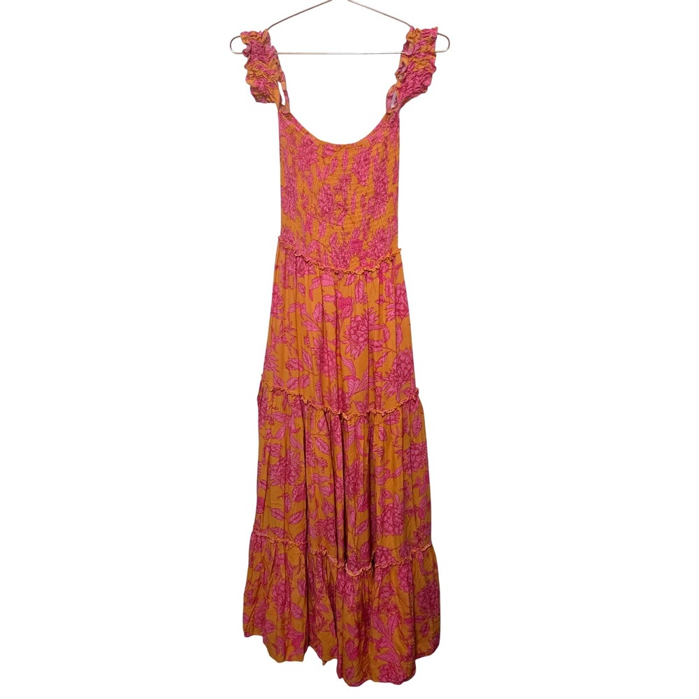 Abel The Label Floral Smocked Tiered Maxi Dress Orange Pink Small ATL1002122